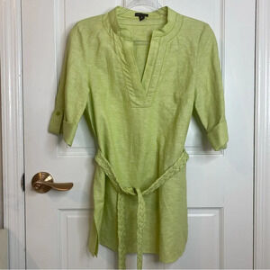 Dana Buchman Braided belted Tied Tunic Linen Blouse Shirt Top Small Green